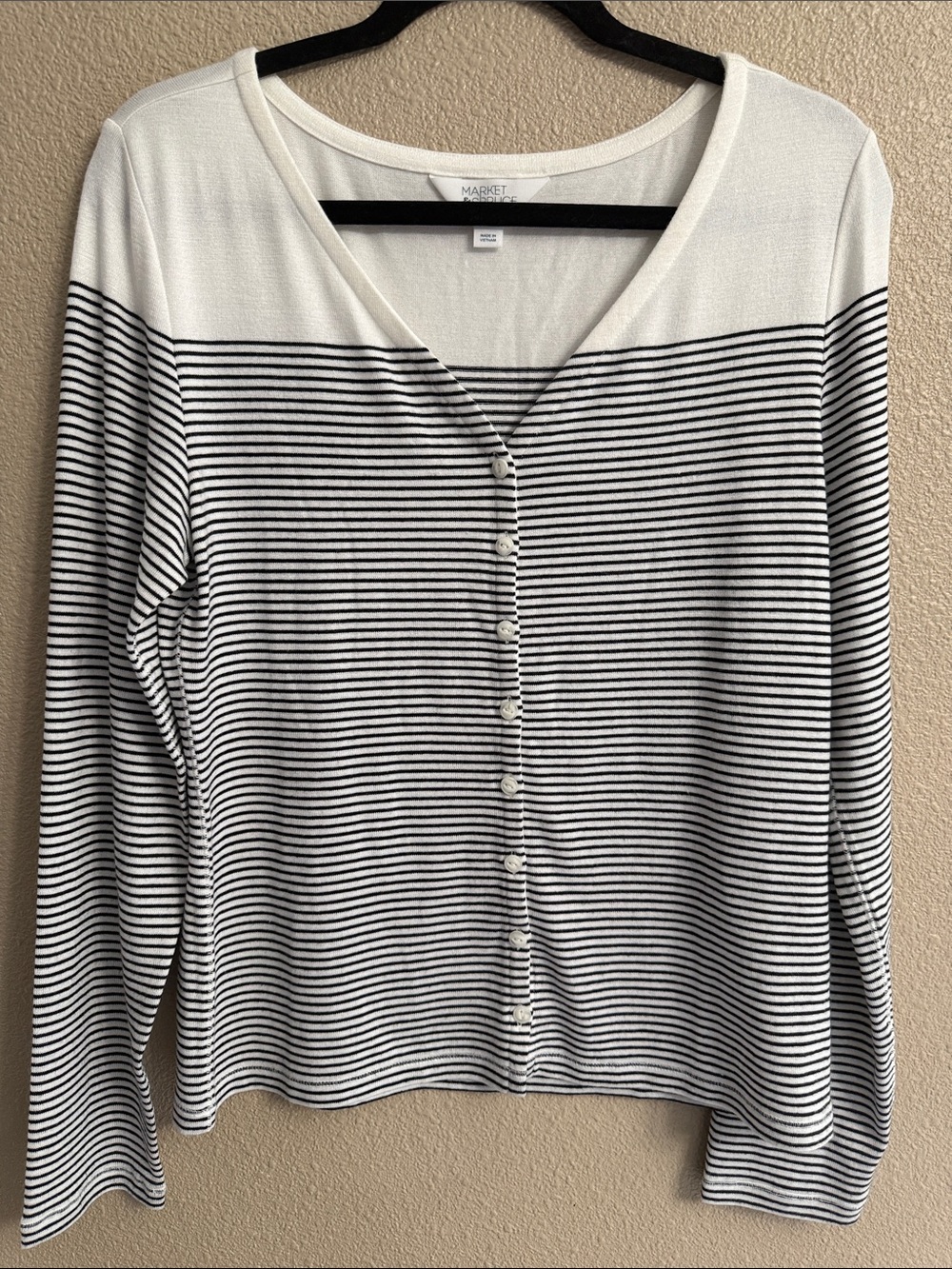 Market & Spruce Black and White Striped Button-Front Knit Top